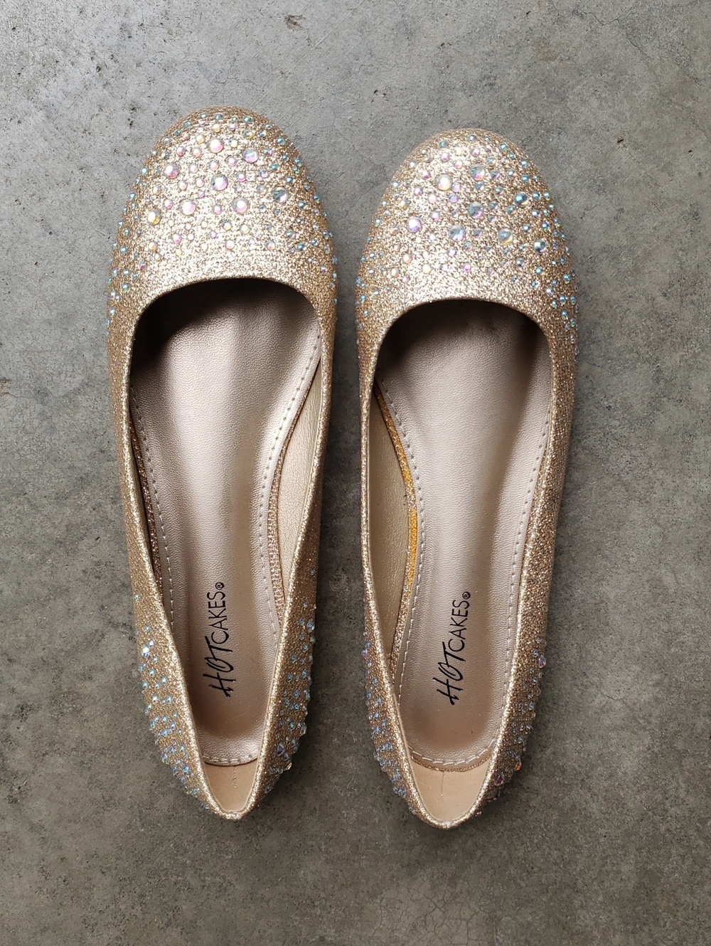 Gold Round Toe Flats with Rhinestones. Women's 6.5